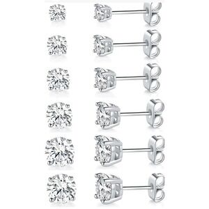 18K White Gold Plated 4 Pong round Clear Cubic Zirconia Stud Earring Set 8 Pairs